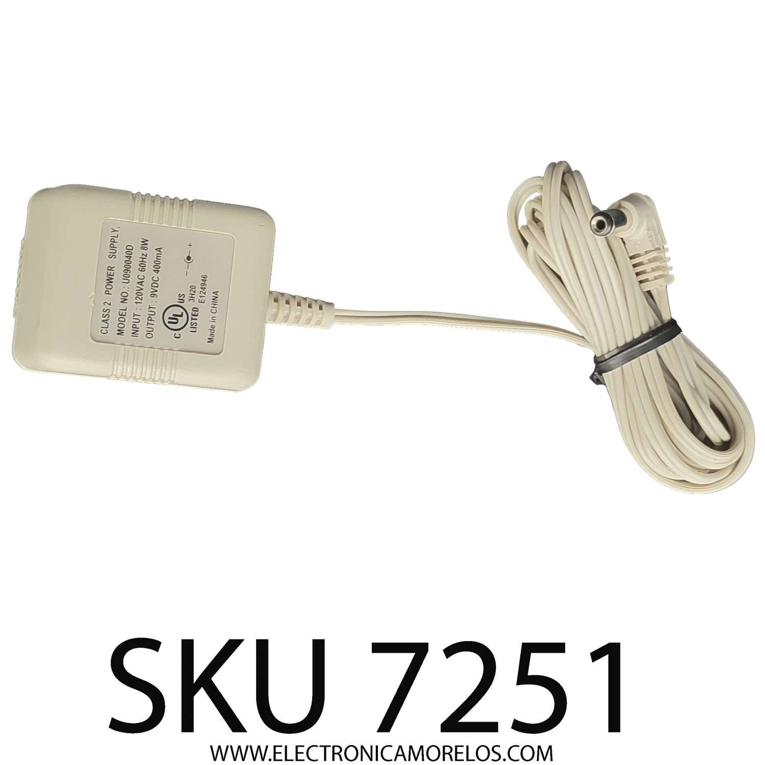 ADAPTADOR AC / NUMERO DE PARTE U090040D / INPUT: 120 VAC 60HZ 8W / OUTPUT: 9 VDC 400mA	